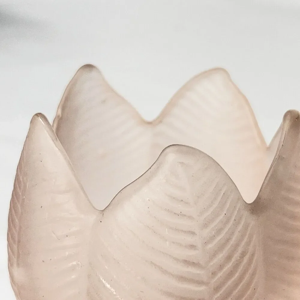 Vtg Tulip/Lotus Candle Holder Frosted Pink Embossed Glass - Leaf Pedestal MCM 3”